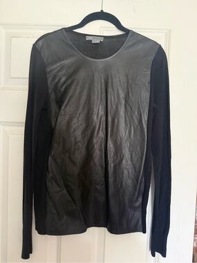 Vince Black Faux-Leather Front Scoop Neck Top